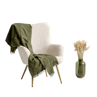 Fauteuil cosy beige avec plaid vert