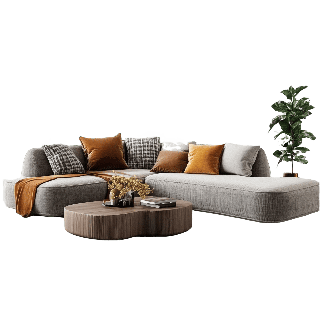 Modern grey corner sofa with colorful cushions