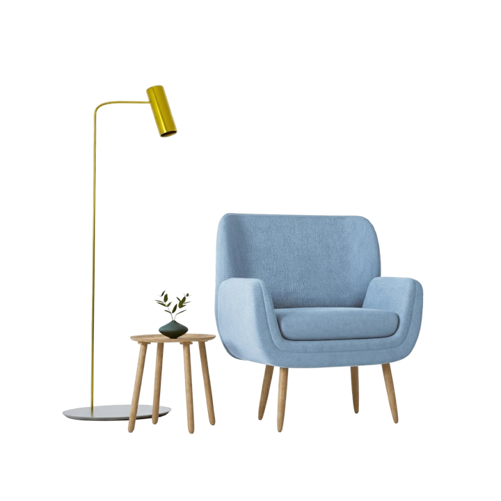 Blue armchair with lamp and tables